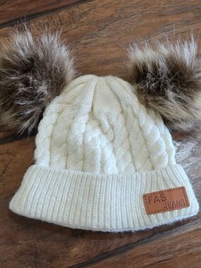Kids Ivory Cable Knit Beanie with Double Faux-Fur Poms